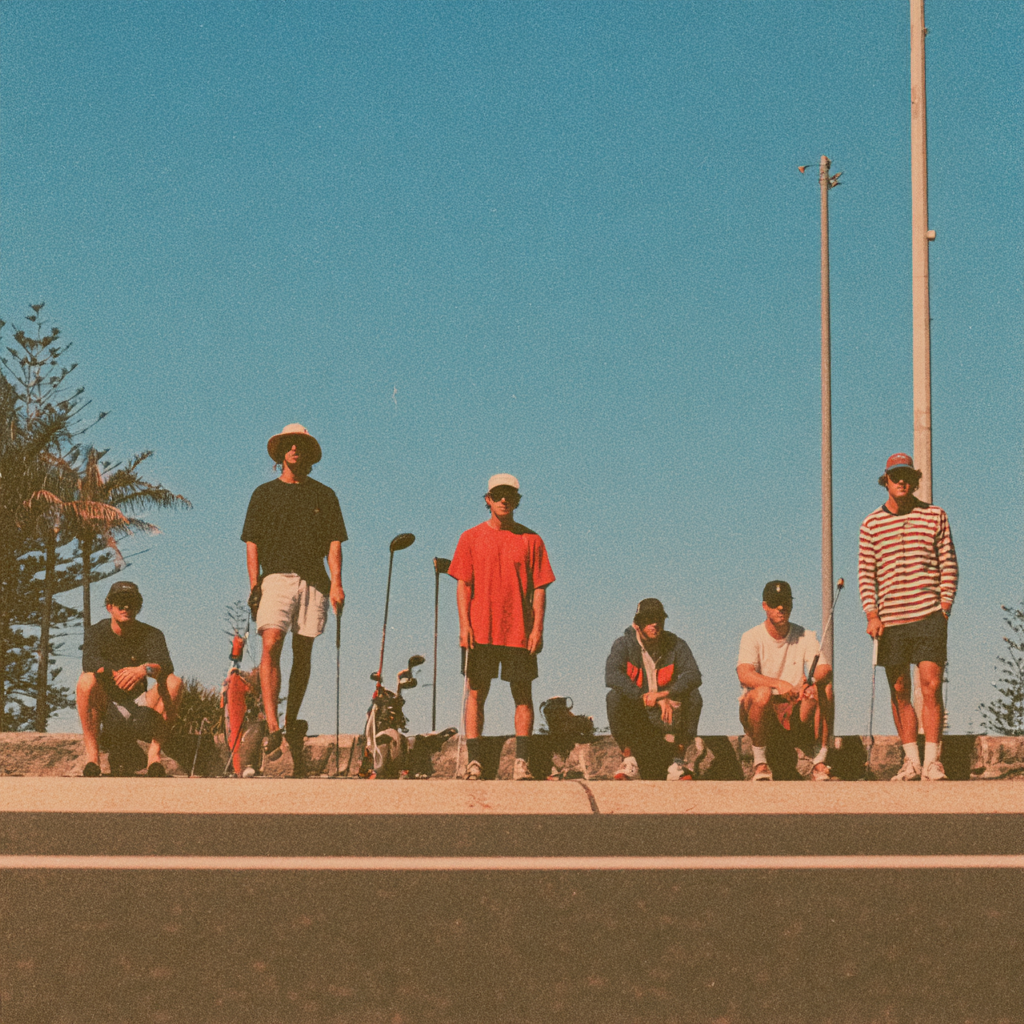 Group of young Australian surfers and street golfers gathered on a coastal sea wall under a clear blue sky