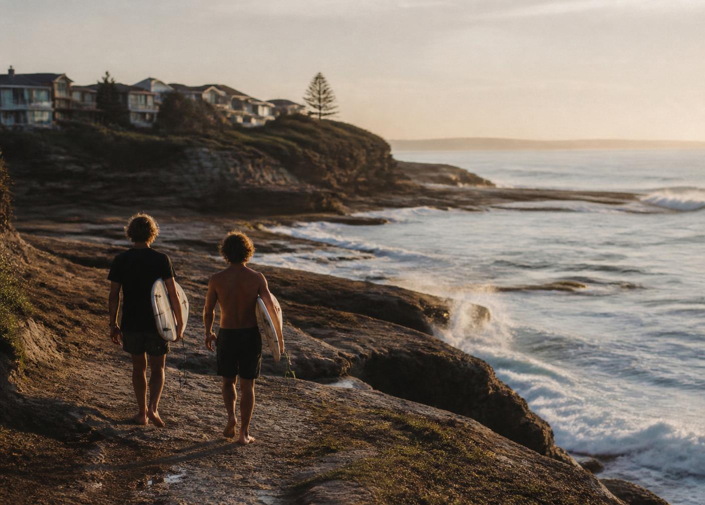 Two young locals walking a rocky Central Coast headland at golden hour carrying surfboards