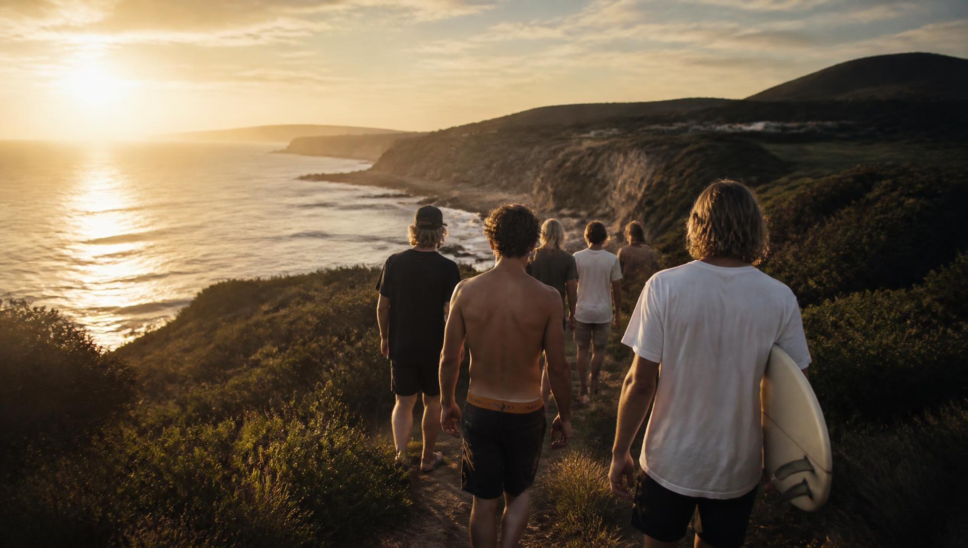 Group of locals walking a Central Coast headland path towards the surf at golden hour