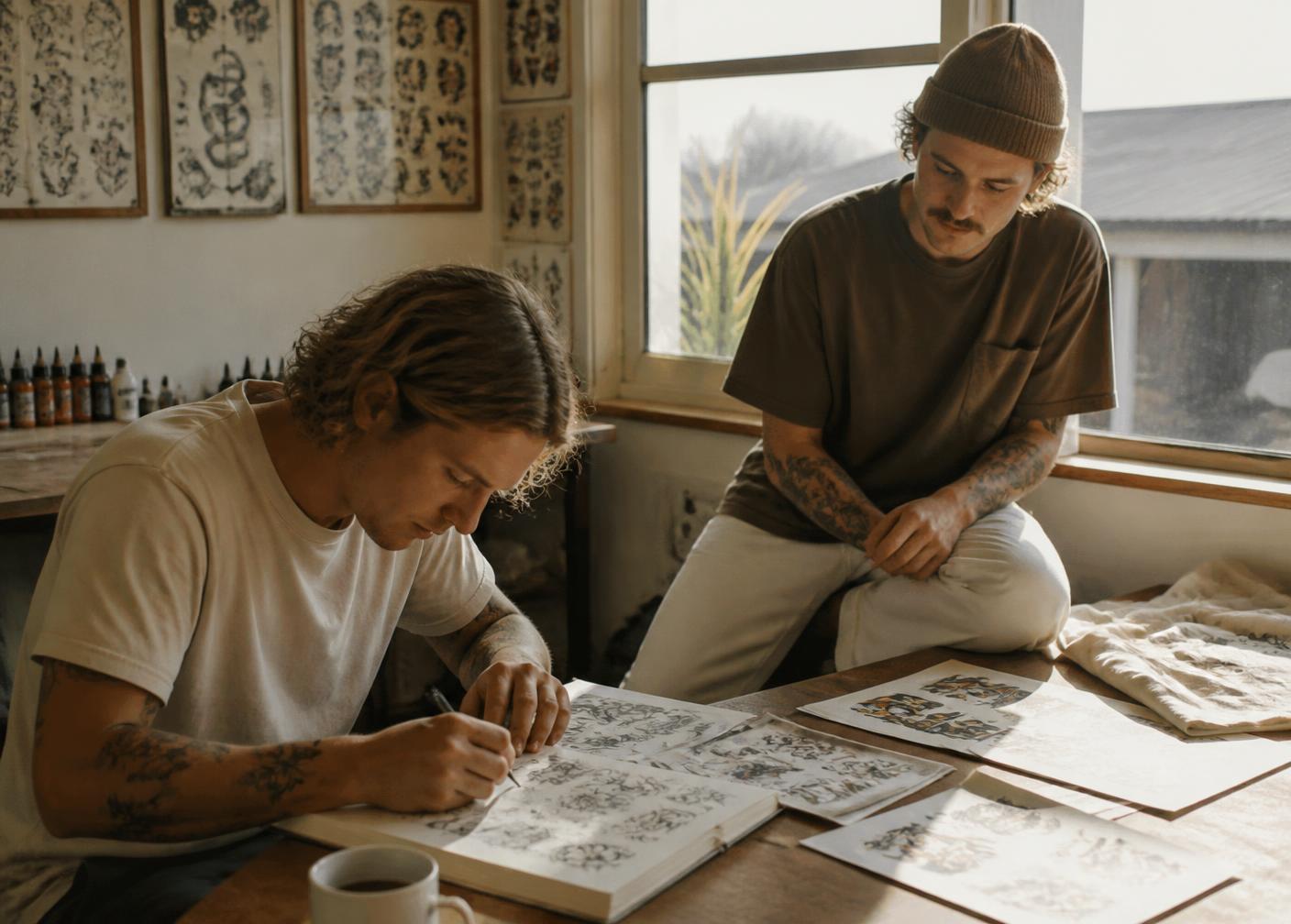 Two young Central Coast tattoo artists sketching flash and illustration in a small sunlit studio