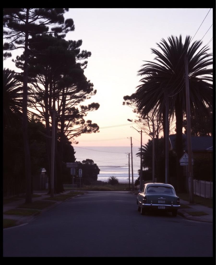 Quiet Central Coast street lined with Norfolk pines looking out to the ocean at dusk