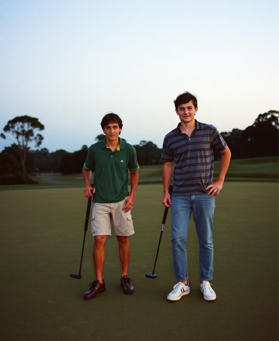 Two young Australian mates on a public golf course at dusk