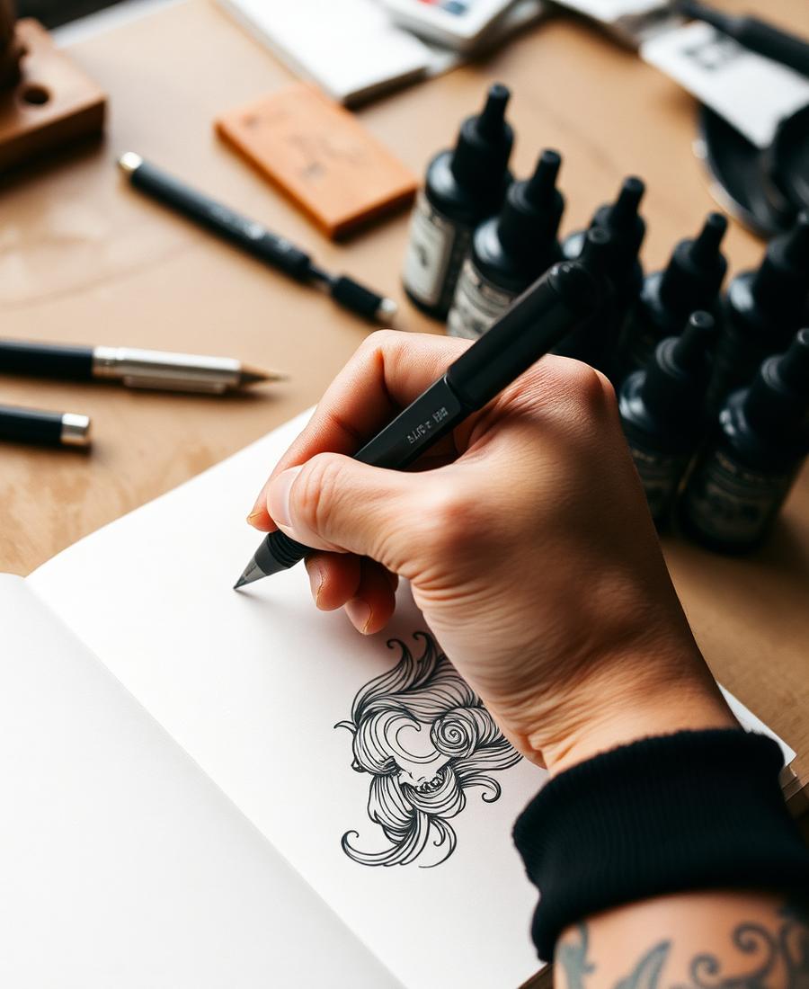 Hand drawing a line illustration beside tattoo ink bottles on a studio desk