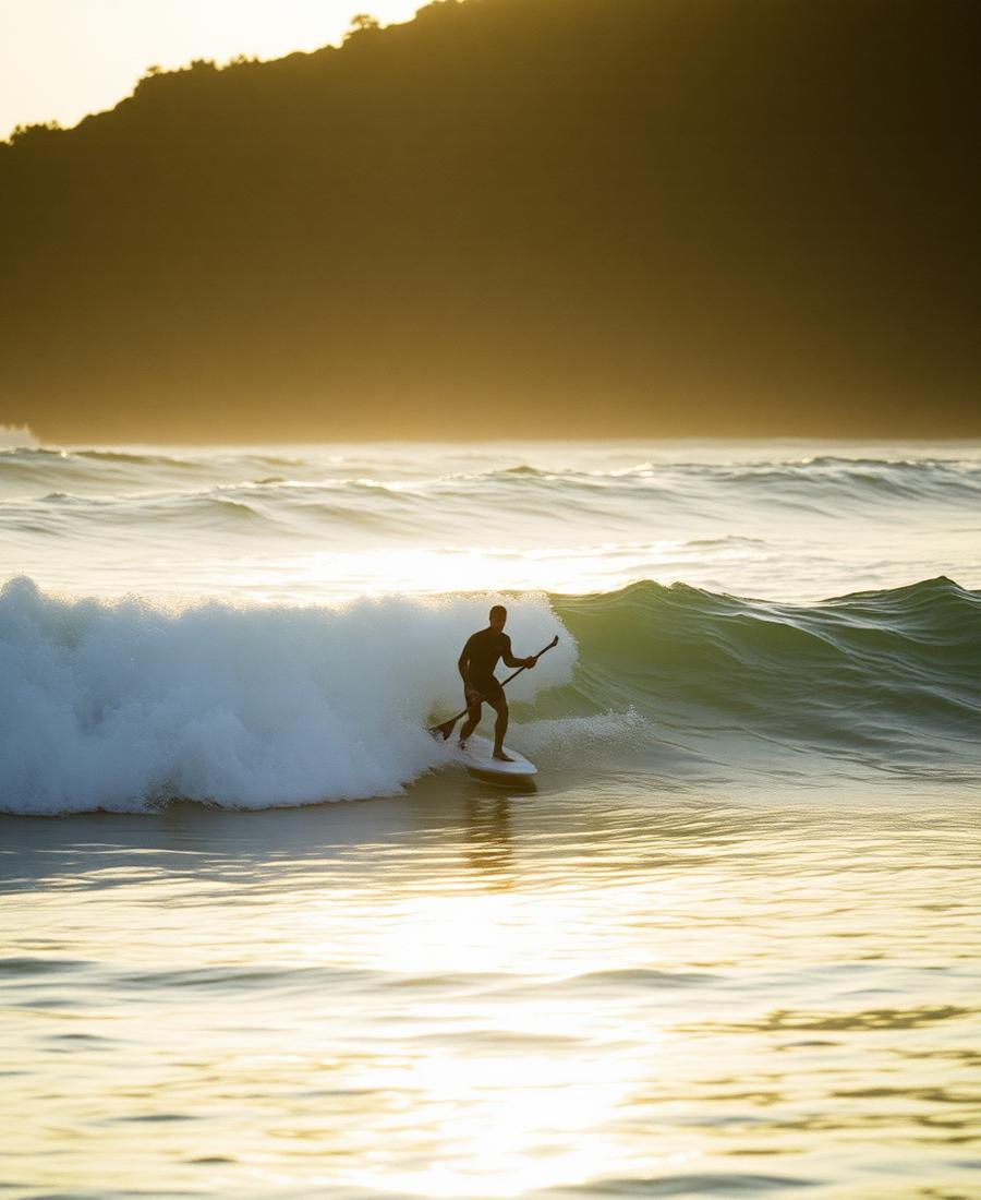 Surfer riding a small wave at dawn on an Australian beach